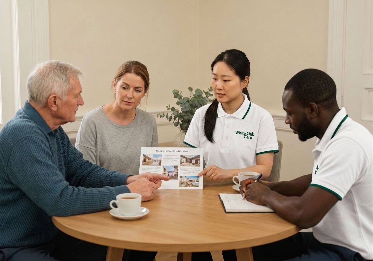 A resident, their family carer, and the White Oak Care team reviewing an easy-read respite plan together at a UK supported living home.
