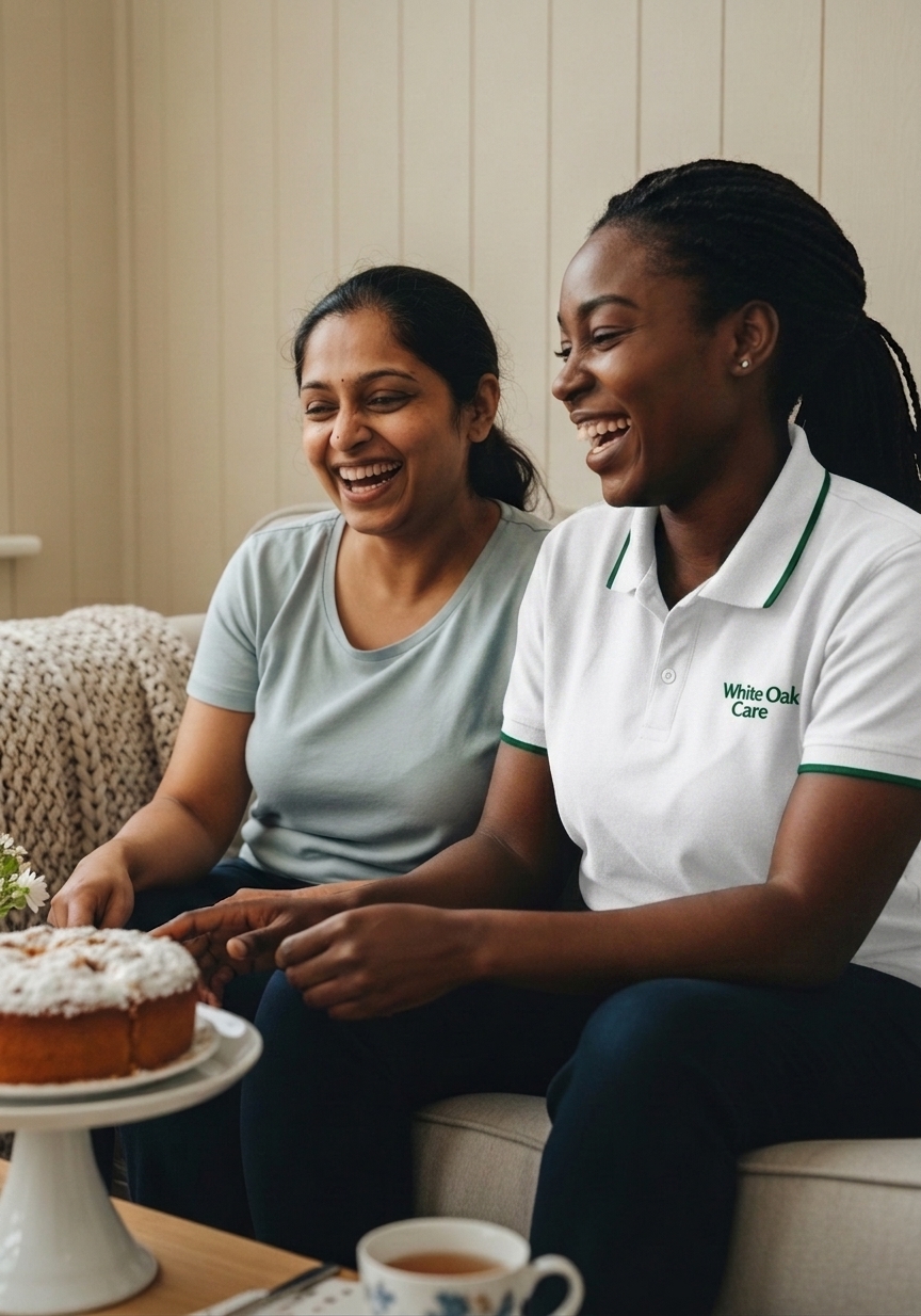 A White Oak Care support worker and a resident on a respite stay laughing together over a cake she has just baked.