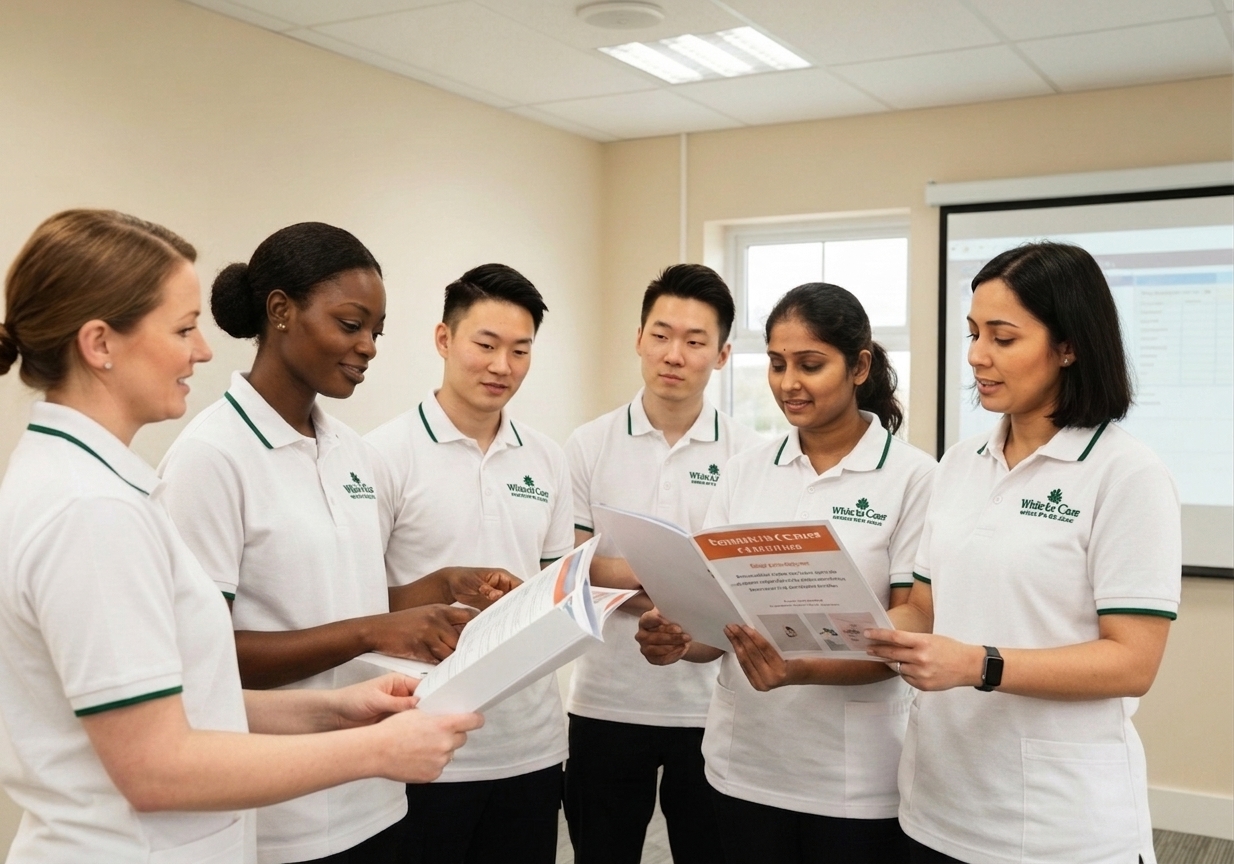 A diverse White Oak Care team reviewing a respite care and continuity-of-routine training module in a UK training room.