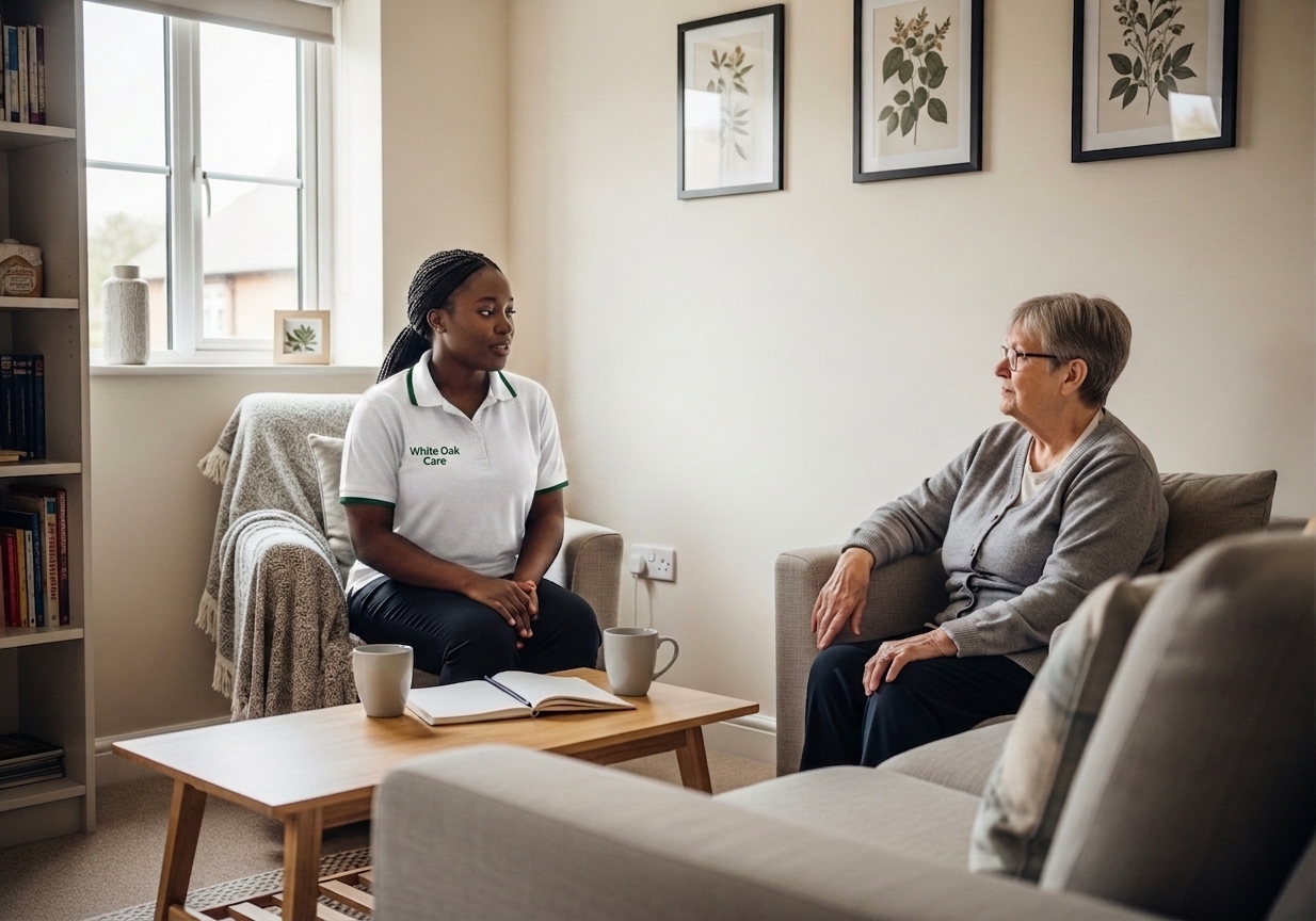 A White Oak Care support worker in a one-to-one conversation with a resident in the reading nook of a UK supported living home.