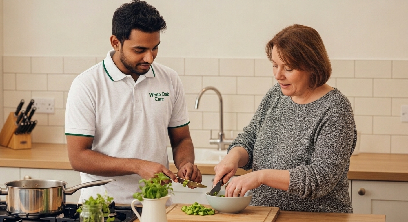 A White Oak Care support worker helping a resident prepare a meal in the kitchen of a UK supported living home.