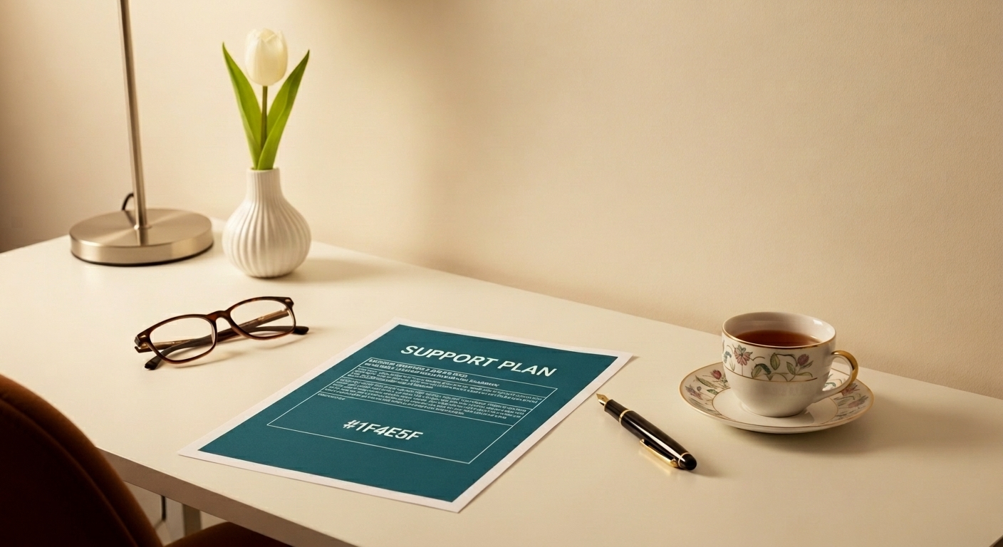 An open White Oak Care supported living guide on a kitchen counter with a cup of tea, fountain pen, and reading glasses.