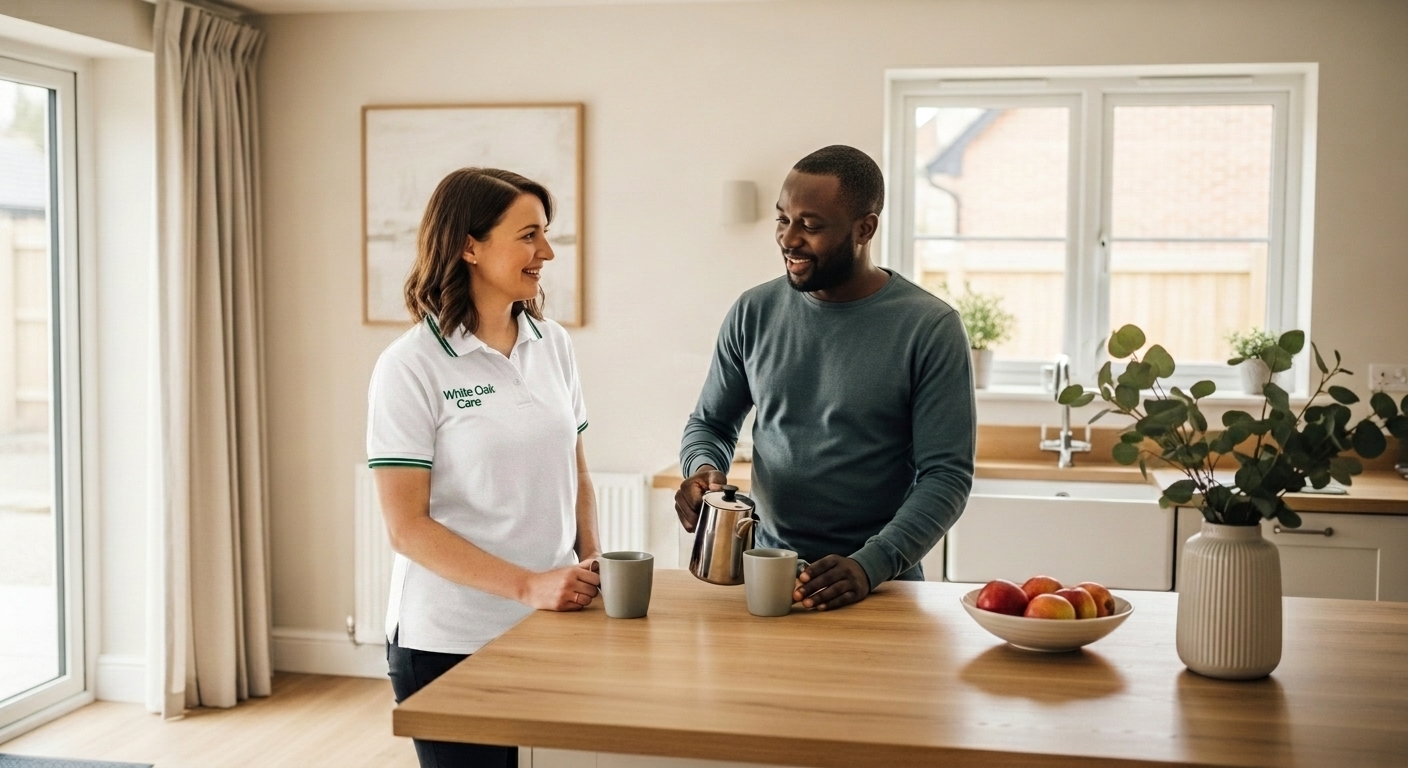 A White Oak Care support worker and resident making tea together at the kitchen island of a UK supported living home.