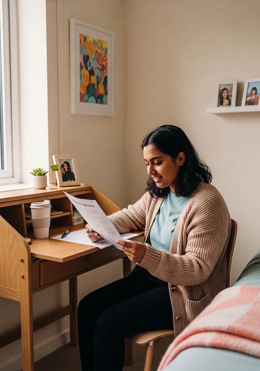 A resident reading her tenancy agreement and weekly planner at the writing desk in her own bedroom in a White Oak Care supported living home.