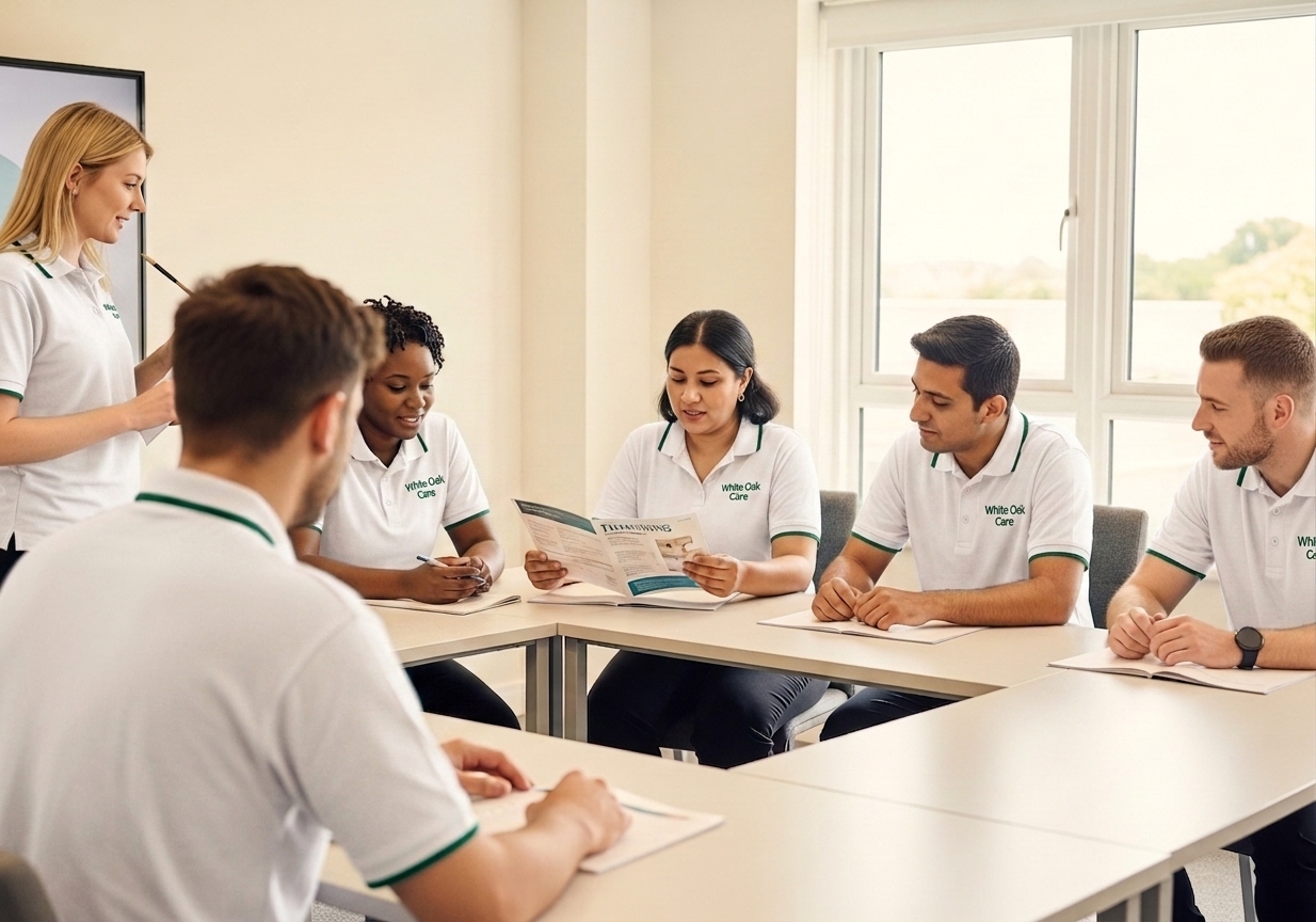 A diverse White Oak Care team in a UK training room reviewing a positive behaviour support training module.