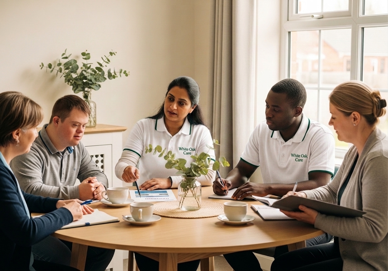 A resident leading her support planning meeting with family and the White Oak Care team at a UK supported living home.