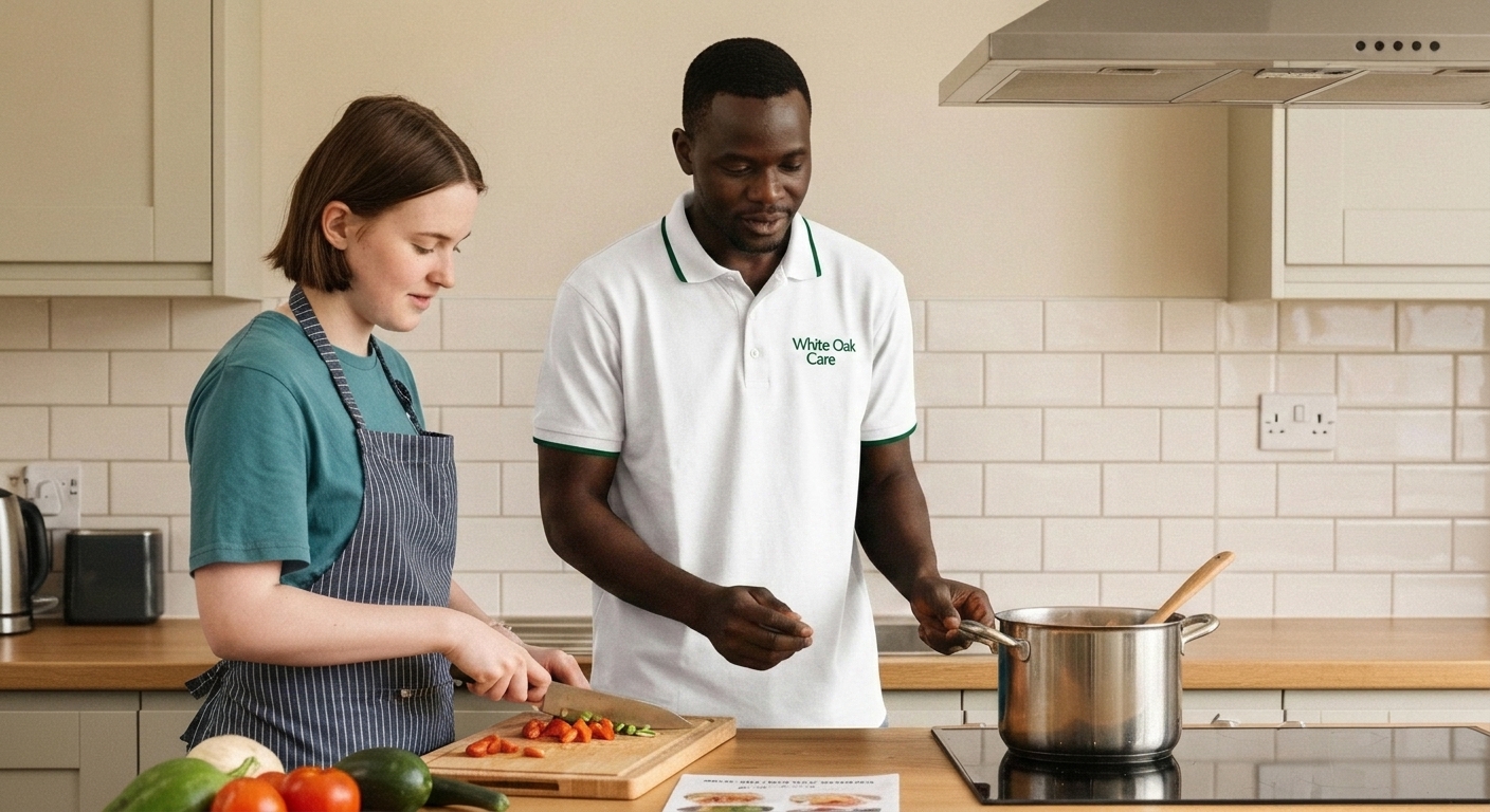 A young adult resident following an easy-read recipe with a White Oak Care support worker on her first week of cooking independently.