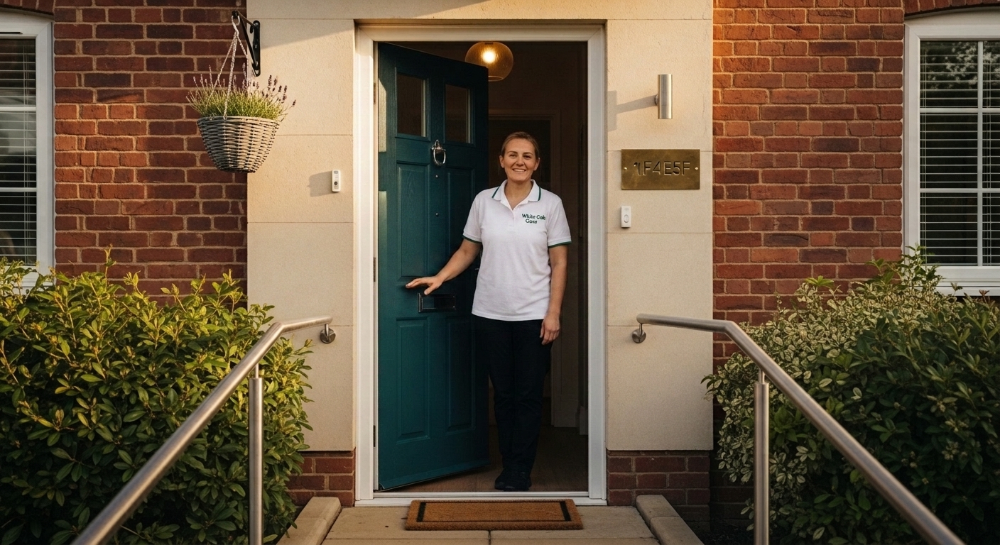 A White Oak Care support worker welcoming a visiting family at the front door of a UK supported living home at golden hour.
