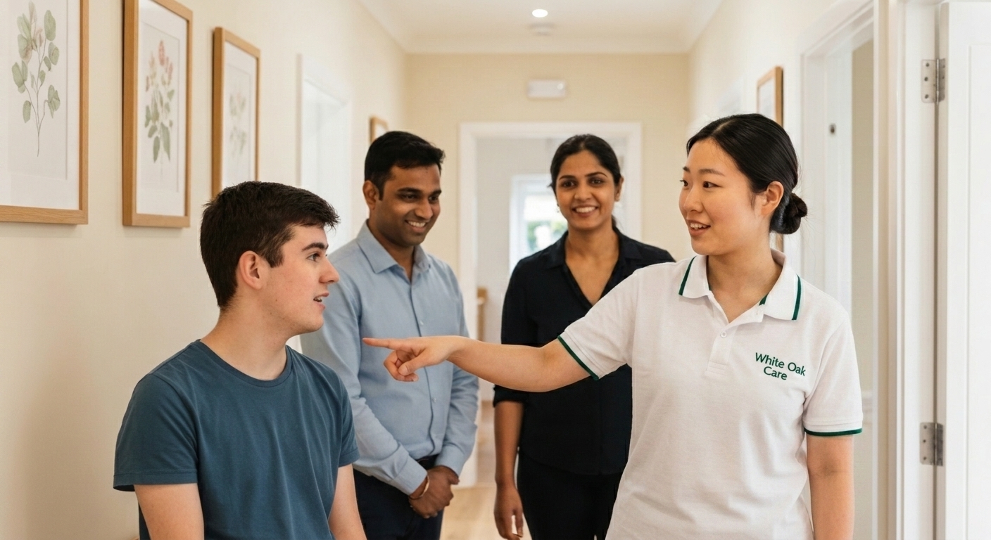 A White Oak Care support worker showing a young adult, his mother, and his social worker around a UK supported living home during a familiarisation visit.