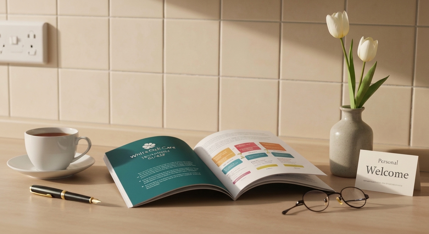 An open White Oak Care transition guide on a kitchen counter alongside a welcome card, a cup of tea, and reading glasses.
