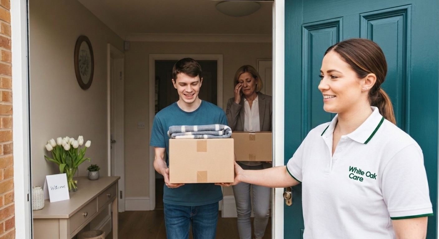 A young adult moving into a White Oak Care supported living home with his mother, welcomed at the front door by a support worker.