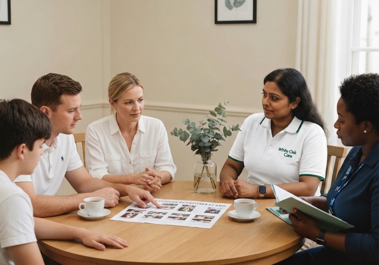 A young adult leading his transition planning meeting with his parents, social worker, and the White Oak Care team at a UK supported living home.