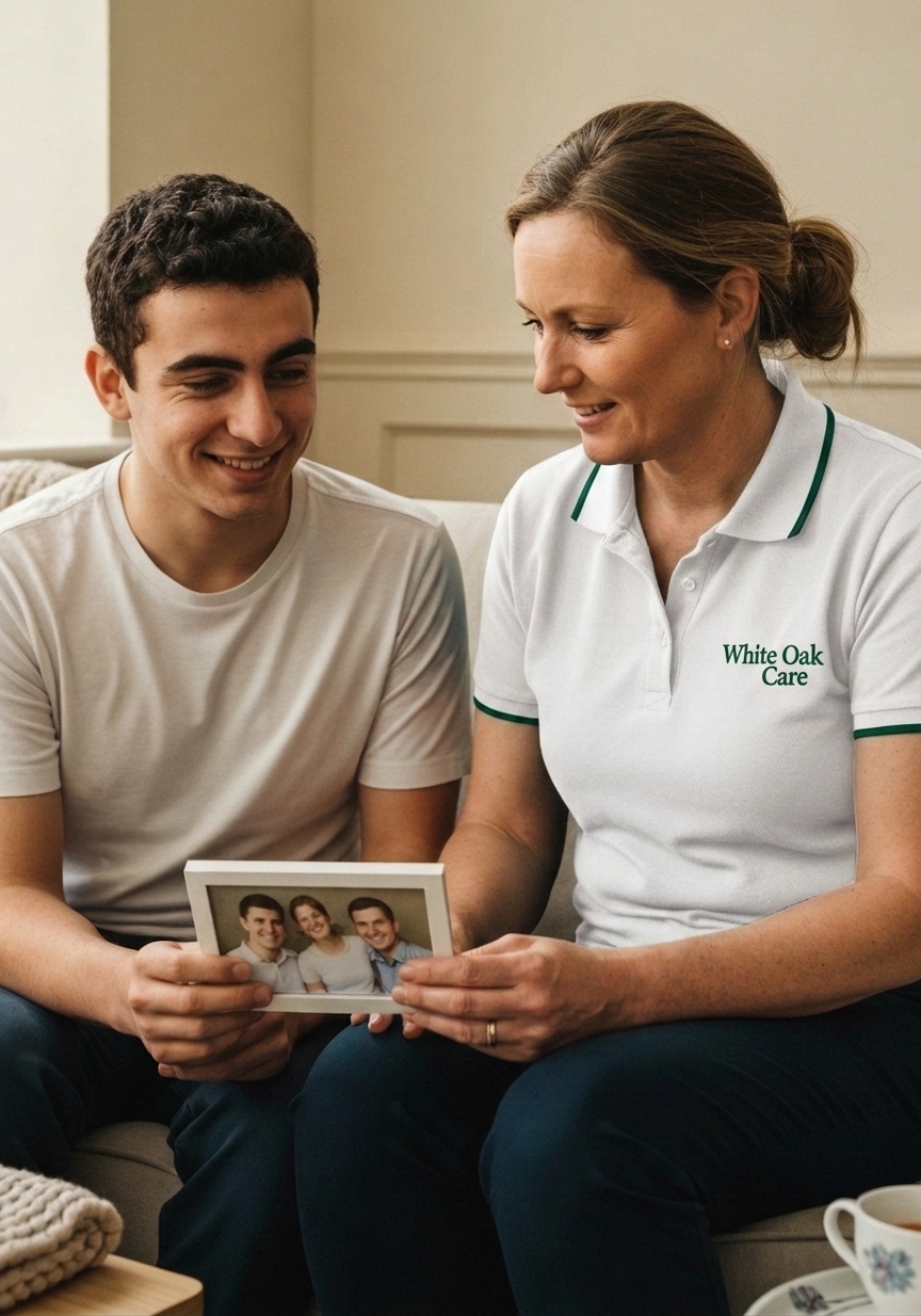 A young adult resident smiling at a family photograph with his White Oak Care support worker beside him on the sofa of his supported living home.