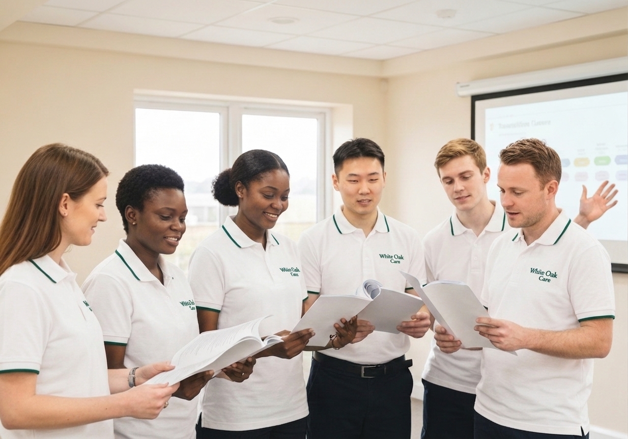 A diverse White Oak Care team reviewing a transition planning training module in a UK training room.