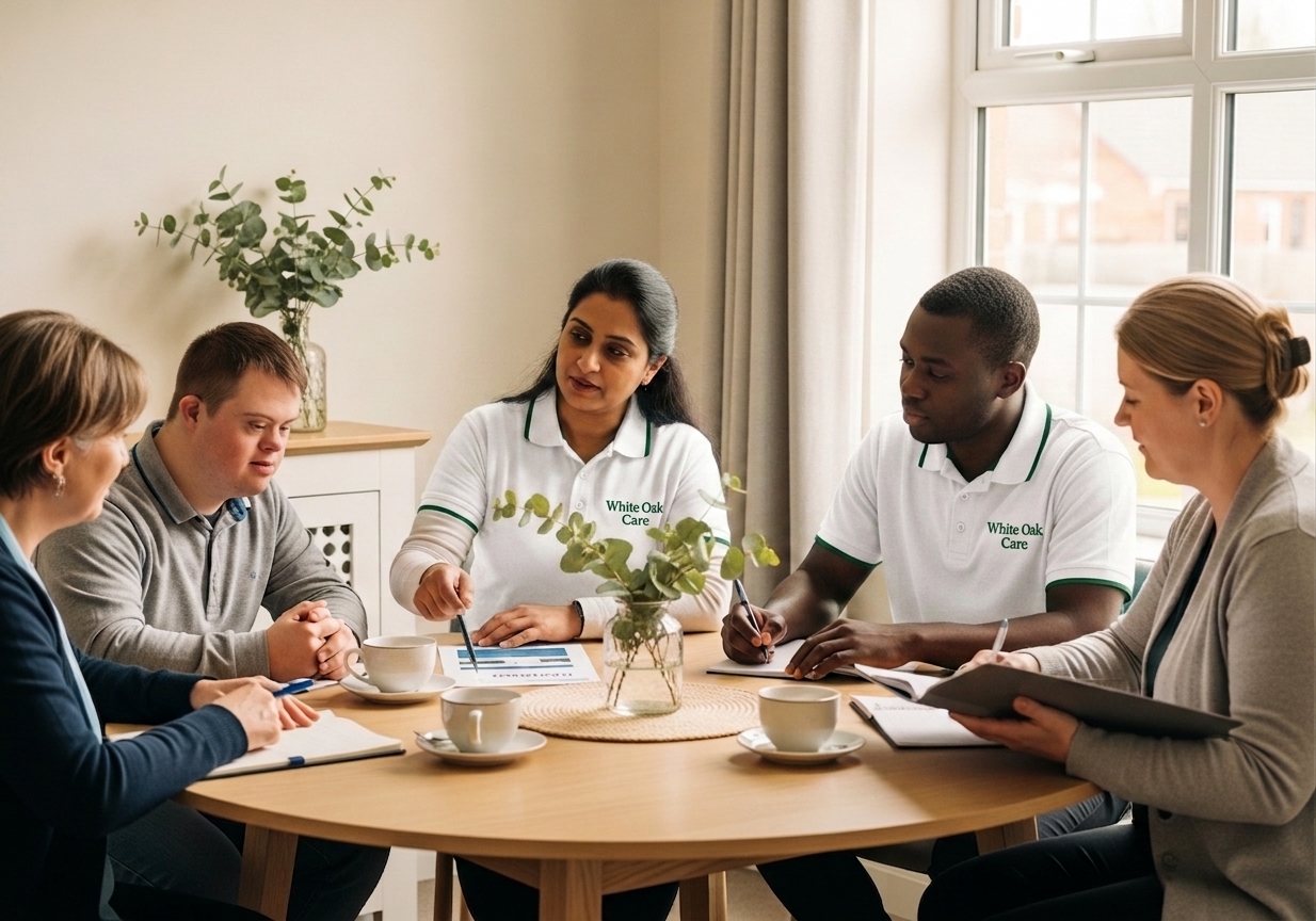 A resident leading a support planning meeting with their family, social worker, and the White Oak Care team at a supported living home.